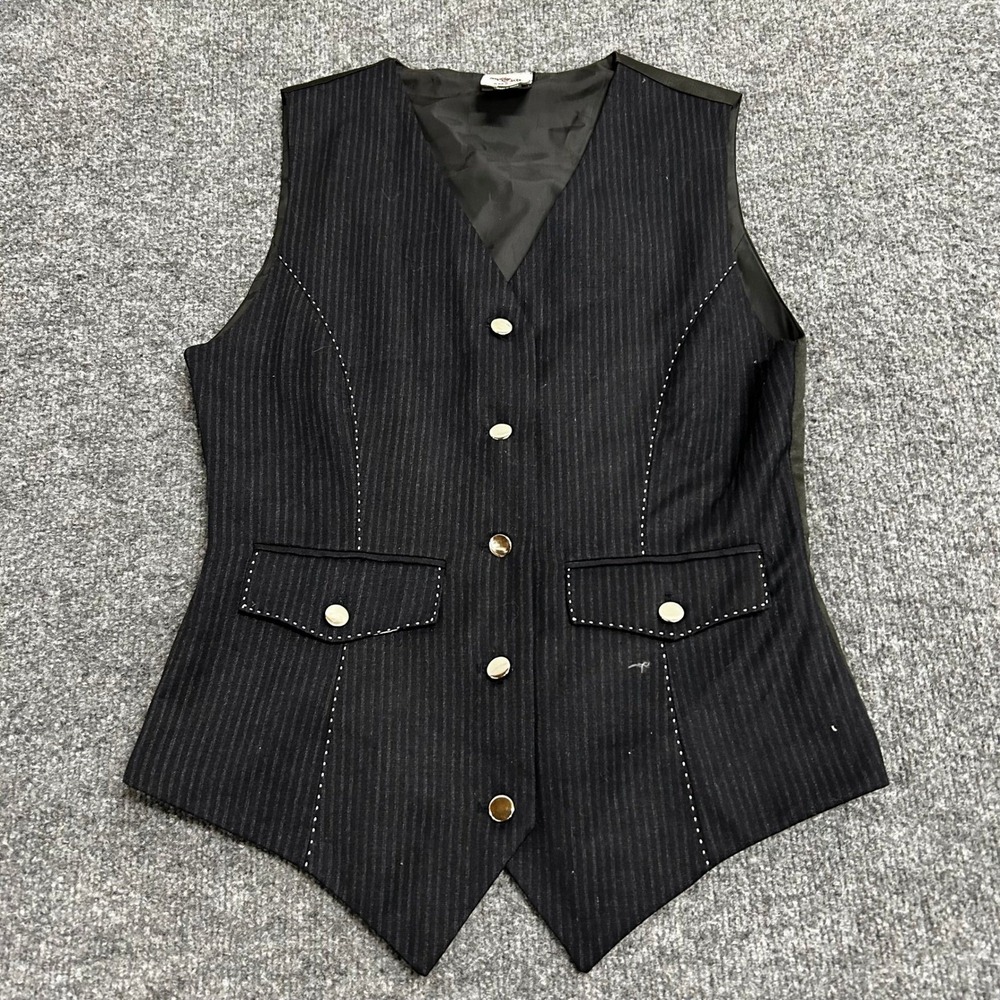 House of Blues Vest Womens Size Small Black Viscose Pinstripe Skull Rose Rocker